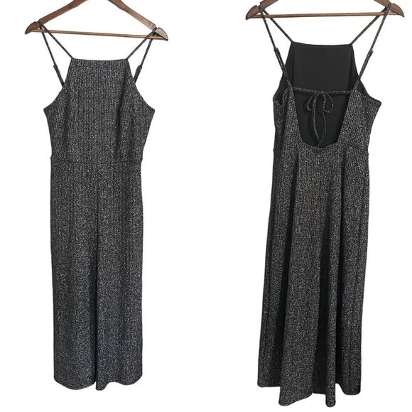 Wild Fable Womens Black Silver Metallic Square Neck Tie Cropped Jumpsuit Small - Picture 2 of 9